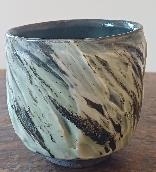 Small tea bowl with pale green and white glazes by Ray Toms